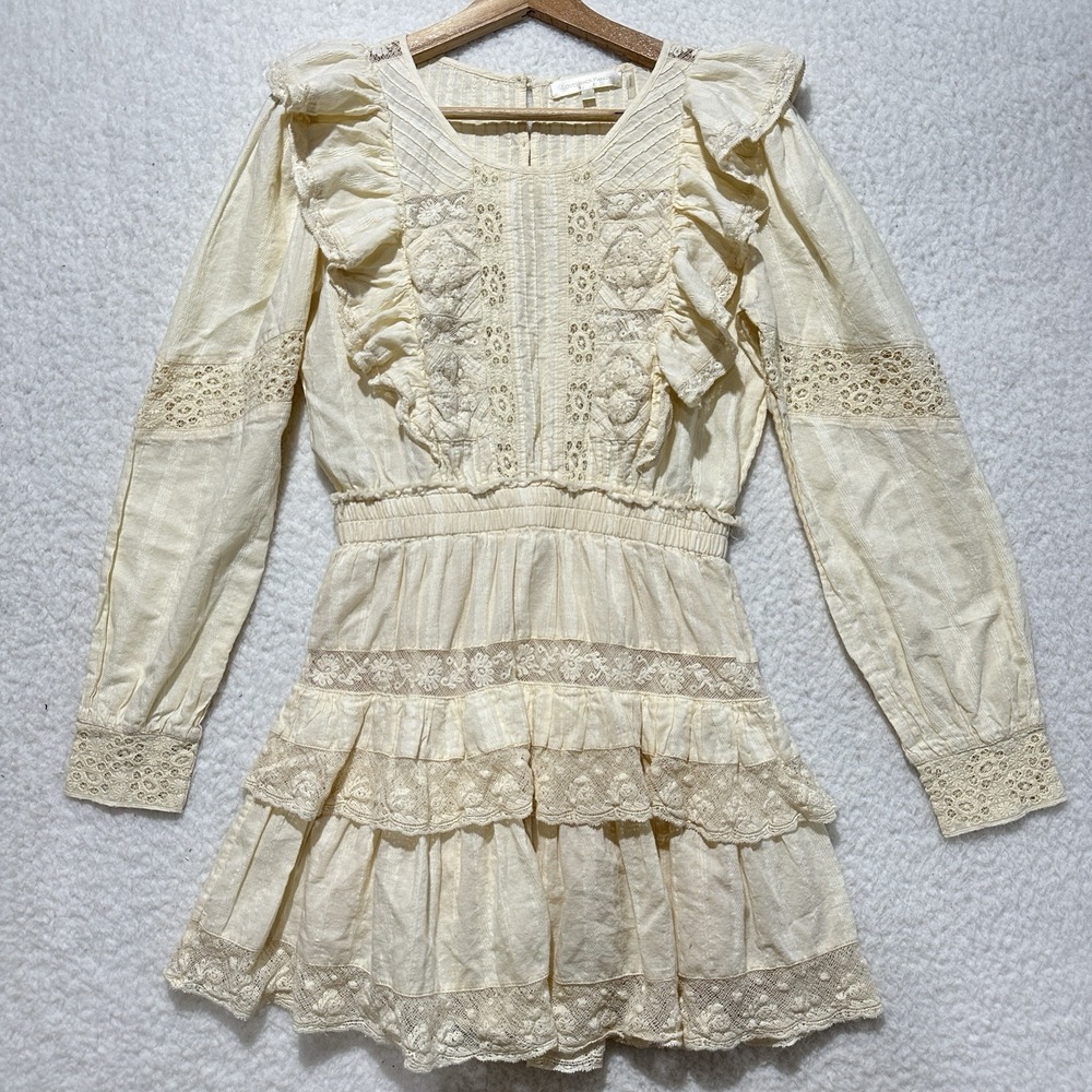 LoveShackFancy Women's Ivory Santorini Laced Trim Cotton Mini Dress Size XS